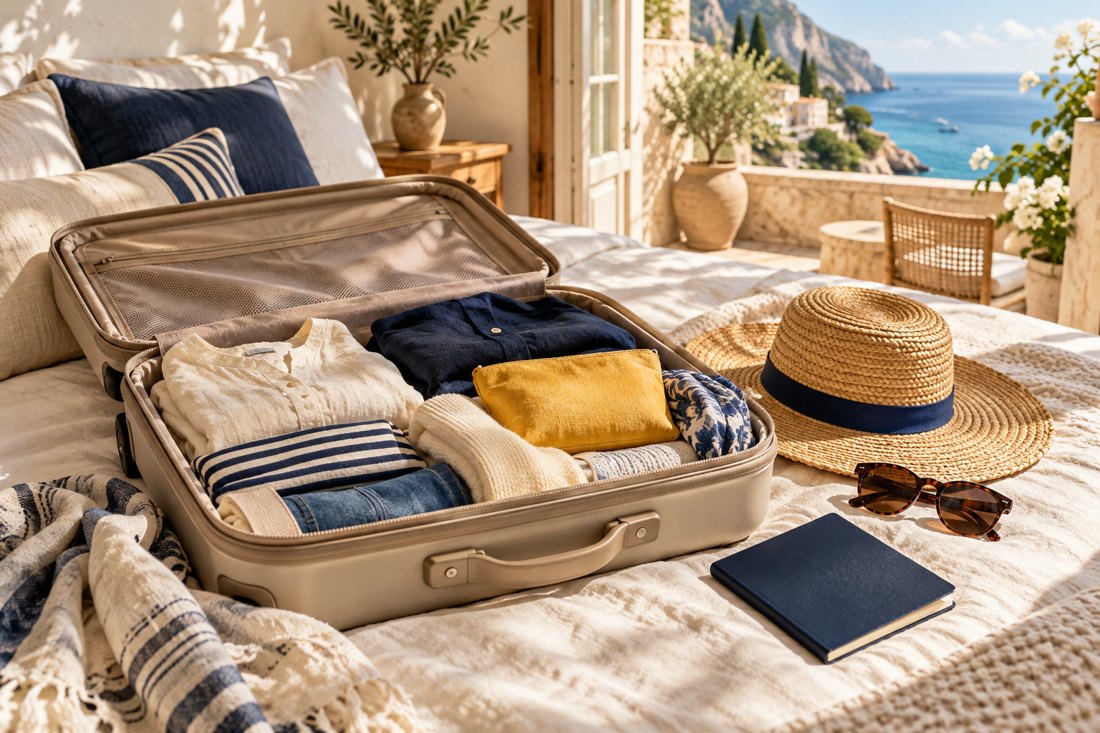 A neatly packed suitcase, sunhat and sunglasses in a sunlit room overlooking the sea.